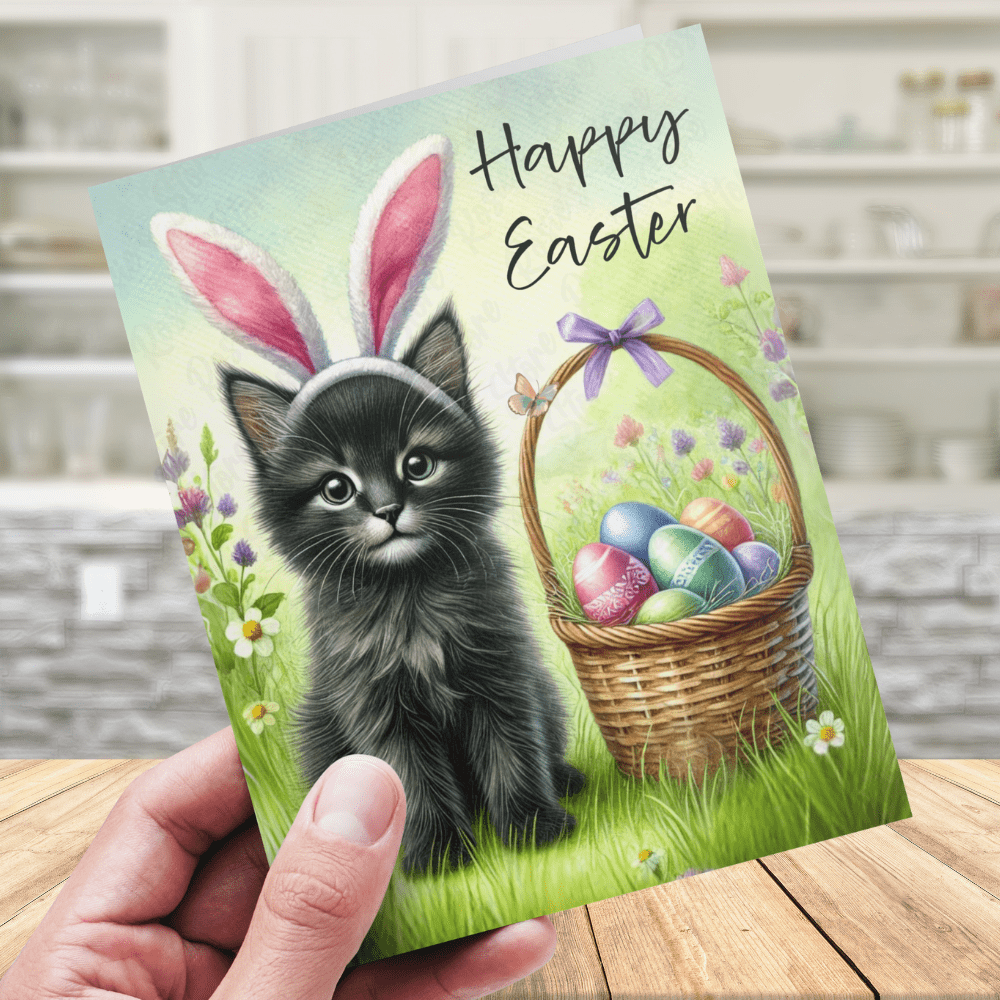 Easter Digital Greeting Card, Black Cat: Happy Easter
