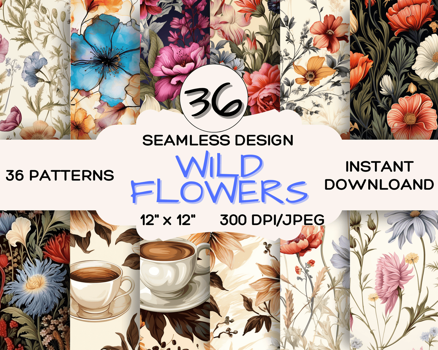 Flowers, 36 Pack of Wild Flowers Digital Papers