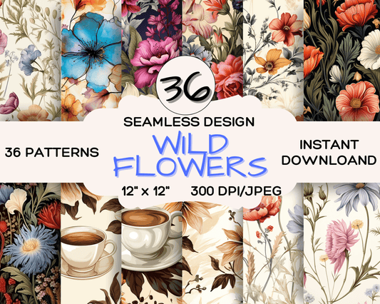 Flowers, 36 Pack of Wild Flowers Digital Papers