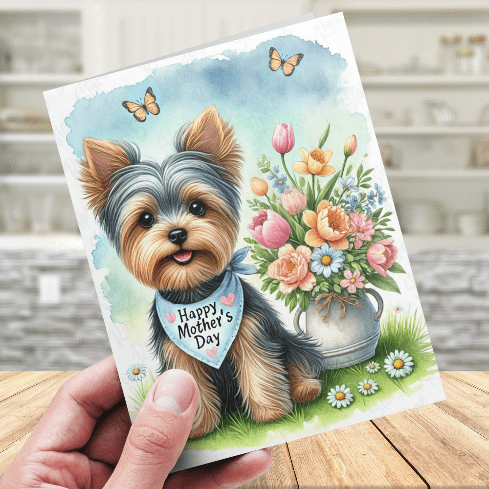 Mom Gift, Greeting Card, Yorkie, Yorkshire Terrier Dog with Flowers: Happy Mother's Day