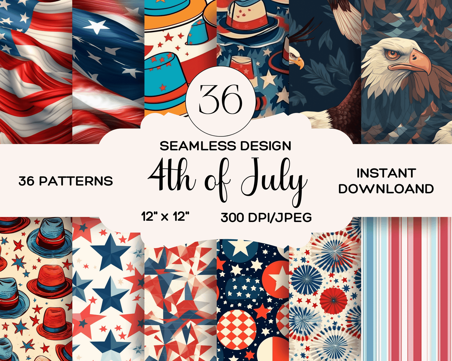 4th of July, 36 Pack of 4th of July Digital Papers