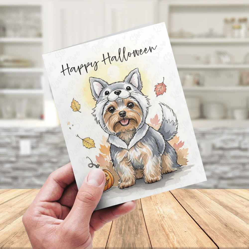 Halloween Fall Yorkie Dog Greeting Card: Happy Halloween