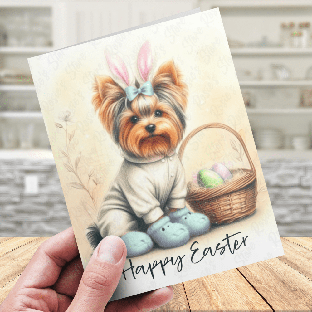 Easter Greeting Card, Yorkie - Light Blue: Happy Easter