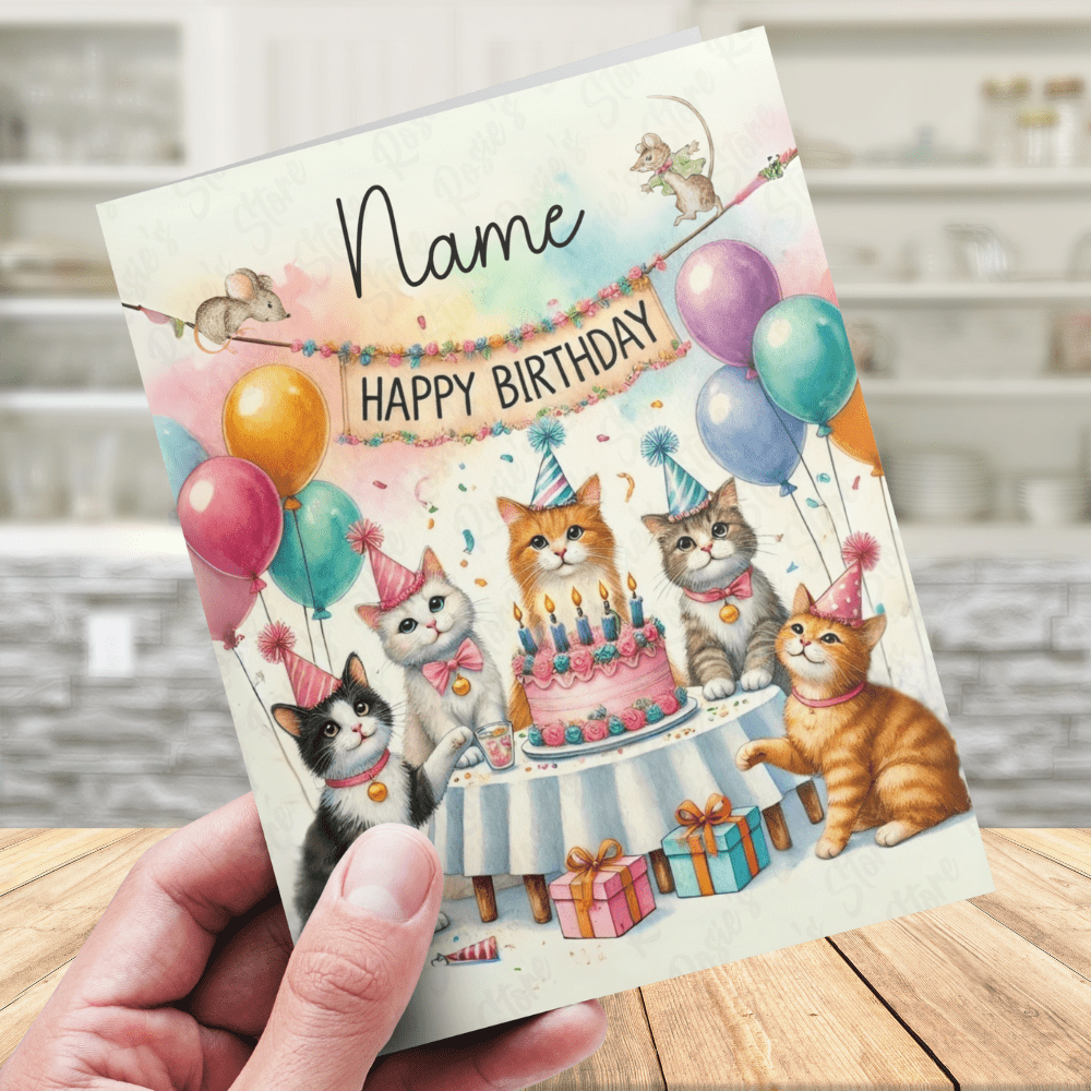 Birthday Greeting Card, Cats: Happy Birthday with a Custom Name