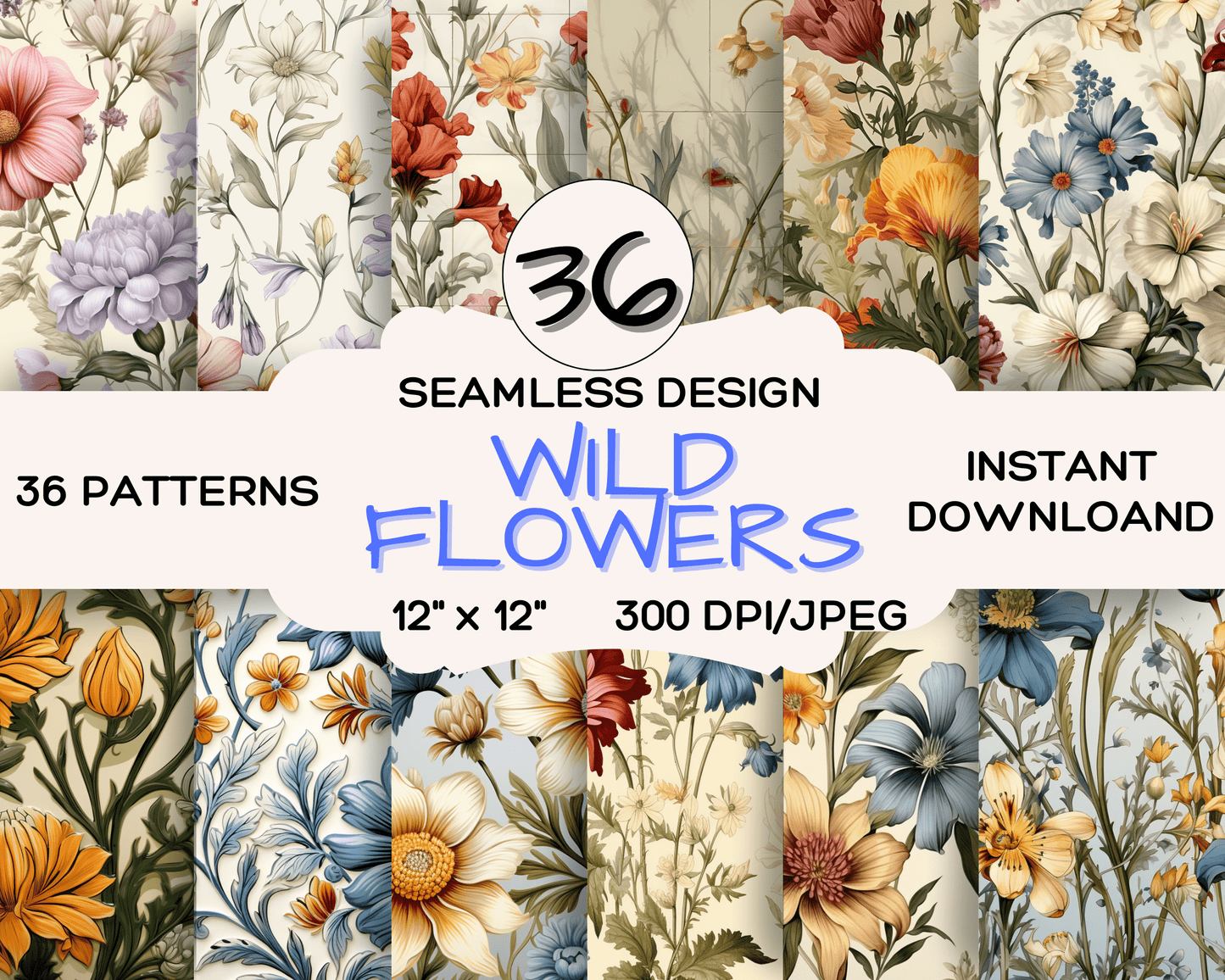 Flowers, 36 Pack of Wild Flowers Digital Papers