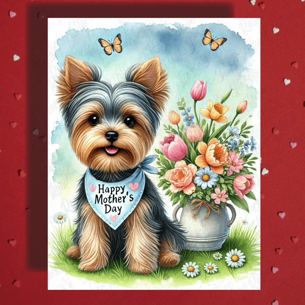 Mom Gift, Greeting Card, Yorkie, Yorkshire Terrier Dog with Flowers: Happy Mother's Day