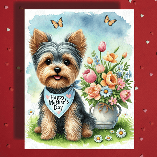 Mom Gift, Greeting Card, Yorkie, Yorkshire Terrier Dog with Flowers: Happy Mother's Day