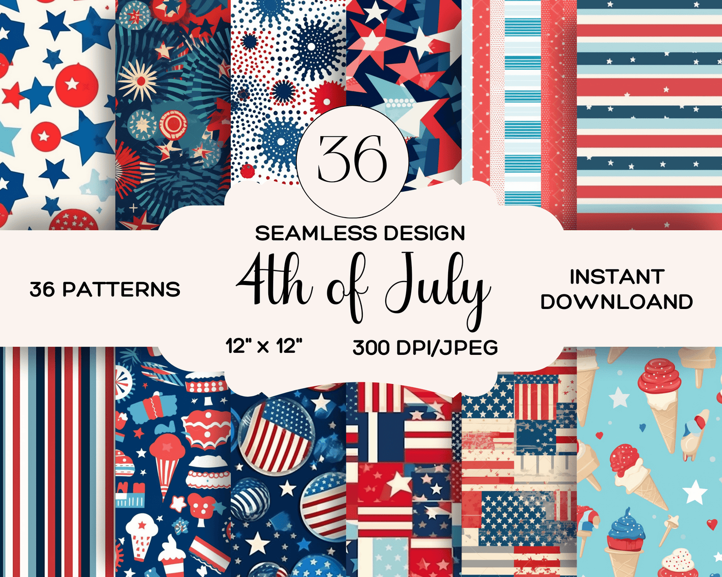 4th of July, 36 Pack of 4th of July Digital Papers