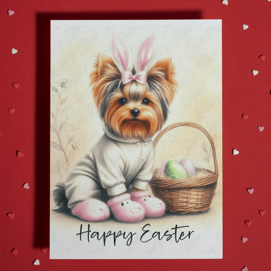Easter Greeting Card, Yorkie - Pink: Happy Easter