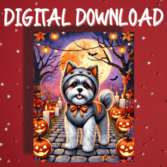 Halloween Fall Digital Greeting Card, Shih Tzu Dog Pet Lover