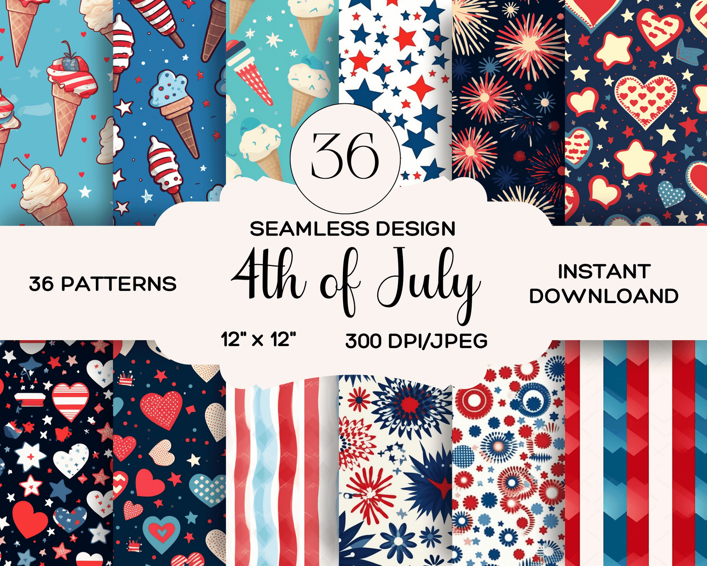 4th of July, 36 Pack of 4th of July Digital Papers
