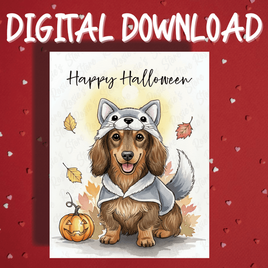 Halloween Fall Digital Greeting Card, Dachshund Wiener Dog Pet Lover: Happy Halloween