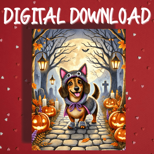 Halloween Fall Digital Greeting Card, Dachshund Wiener Dog Pet Lover