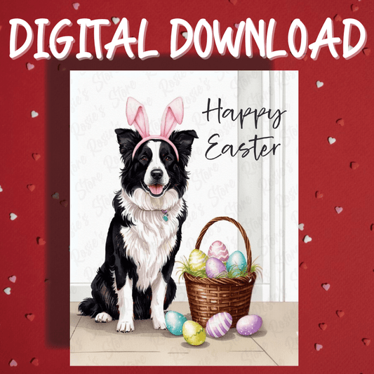 Easter Digital Greeting Card, Black and White Australian Shepherd Dog: Happy Easter