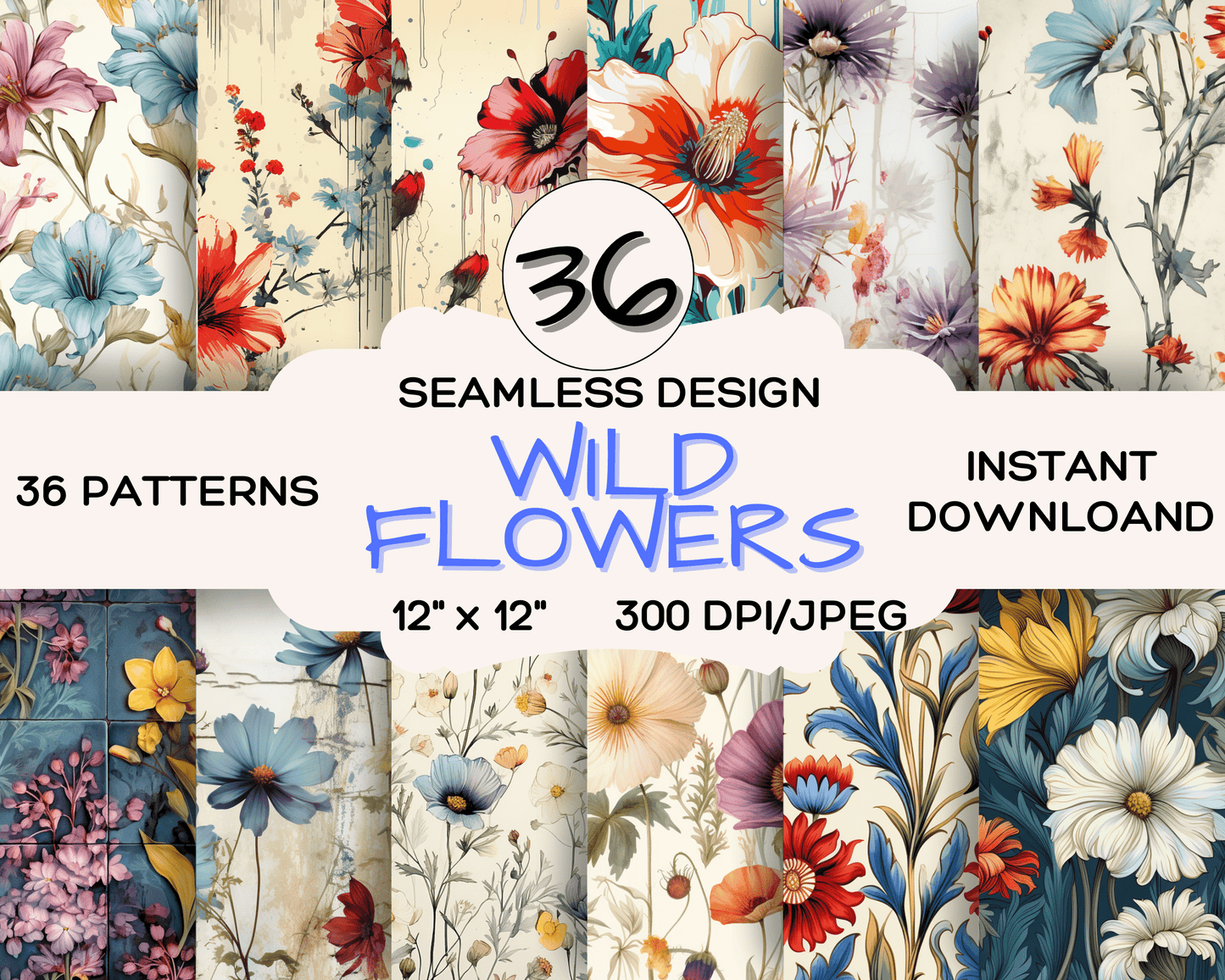 Flowers, 36 Pack of Wild Flowers Digital Papers