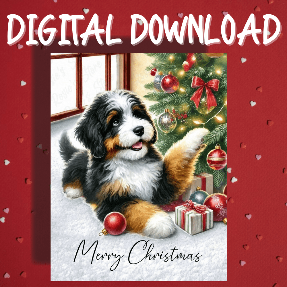 Christmas Printable Card, Digital Download, Bernedoodle Dog Lover: Merry Christmas