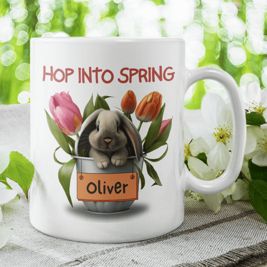 Easter/Spring/Bunny Gift, Custom Easter Name Mug: HOP INTO SPRING