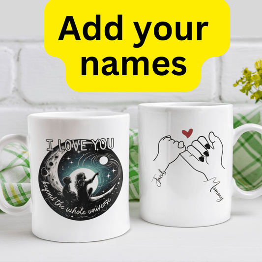Mom and Son Gift, Coffee Mug With Custom Names: I Love You Beyond The Whole Universe