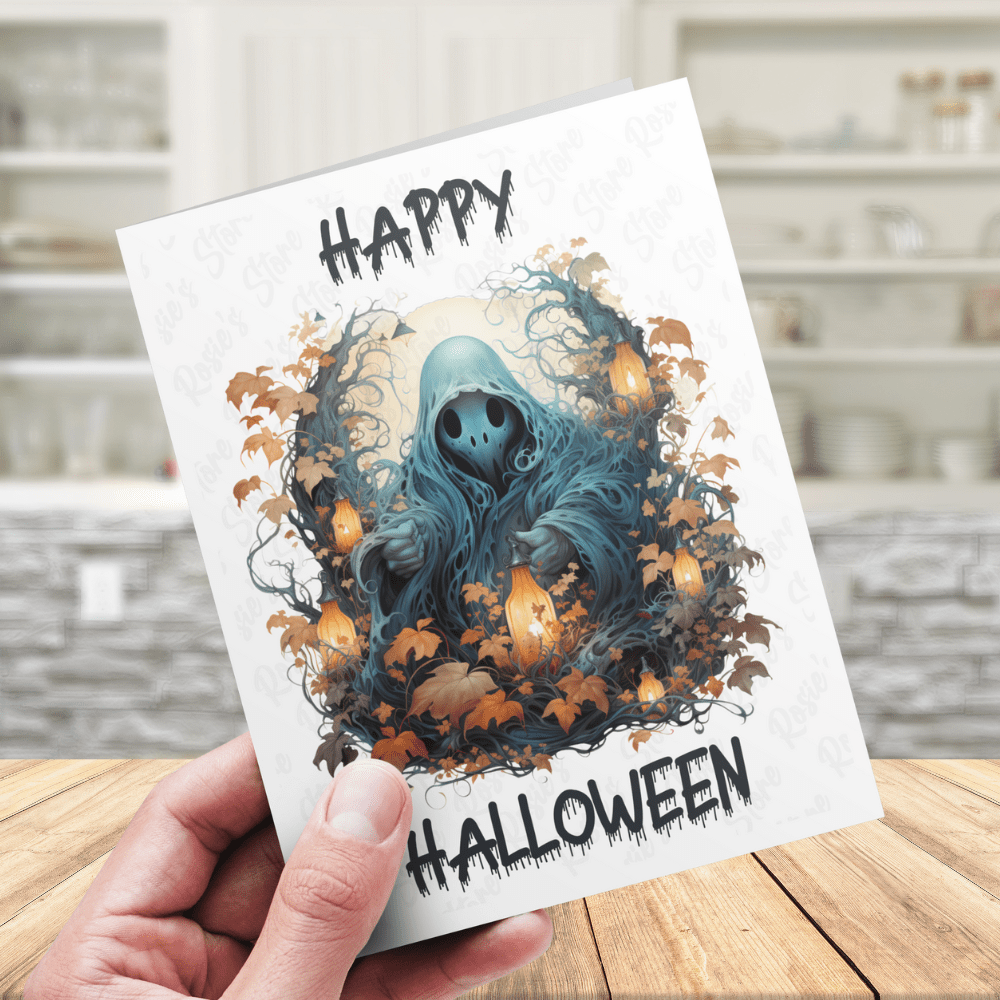 Halloween, Ghost And Lanterns Greeting Card