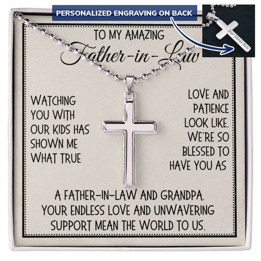 Father-in-Law Gift, Personalized Cross Necklace: Watching You With Our Kids...