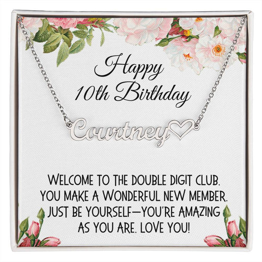 10th Birthday Gift, Heart Name Necklace: Happy 10th Birthday
