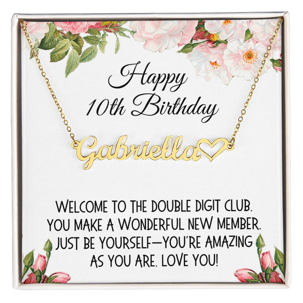 Birthday Gift, Heart Name Necklace: Happy 10th Birthday