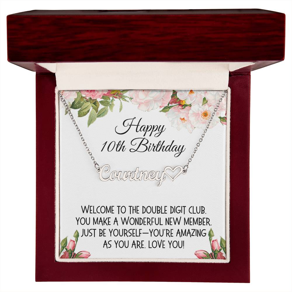 Birthday Gift, Heart Name Necklace: Happy 10th Birthday