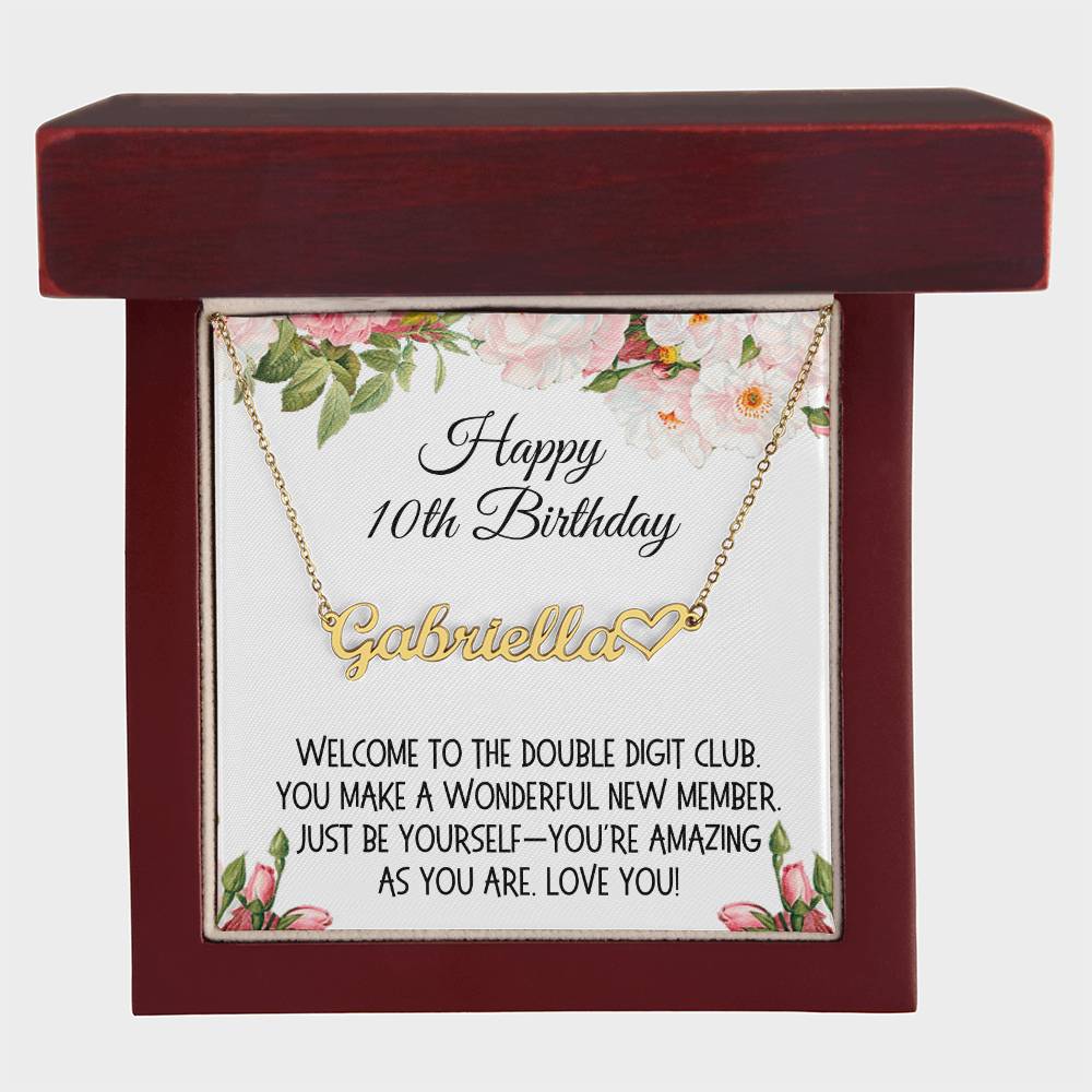 Birthday Gift, Heart Name Necklace: Happy 10th Birthday