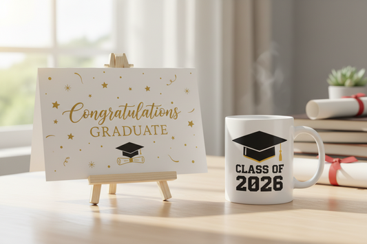 A beautifully decorated graduation greeting card sitting next to a custom graduation coffee mug on a desk.