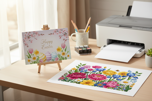 A beautifully printed digital Easter greeting card and spring wall art sitting on a desk next to a home printer.