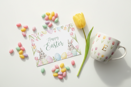 A beautifully designed Easter greeting card sitting next to a custom spring coffee mug surrounded by pastel flowers.