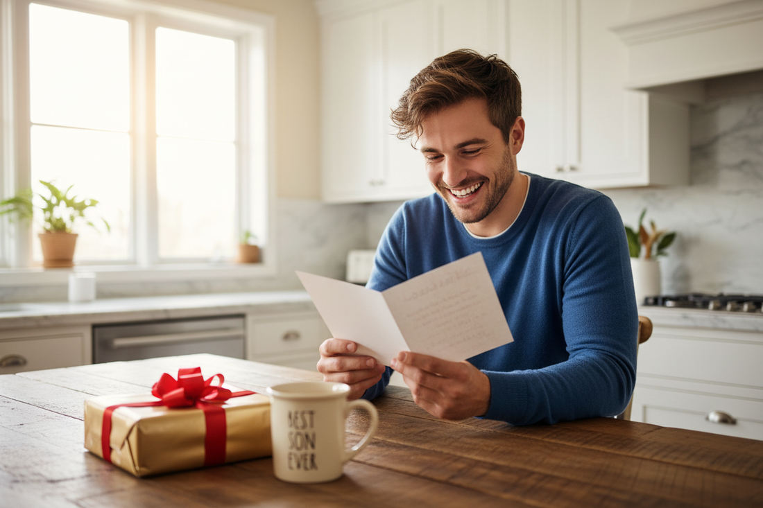 Young man smiling while reading a birthday card from his future in-laws