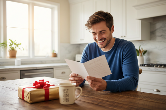 Young man smiling while reading a birthday card from his future in-laws