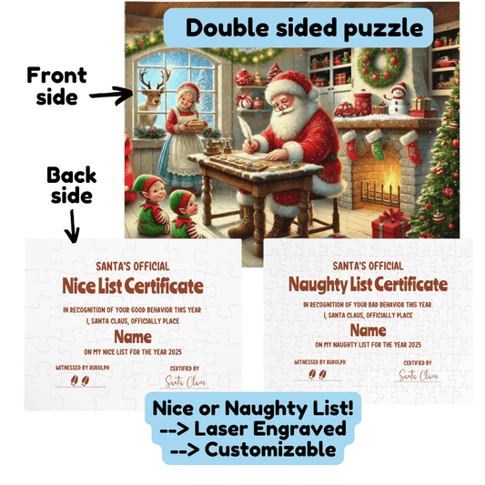 Christmas Gift, Double-sided Puzzle with Laser Engraved NICE or NAUGHTY List