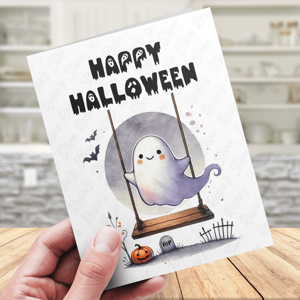 Halloween, Cute Ghost On a Swing Greeting Card: Happy Halloween