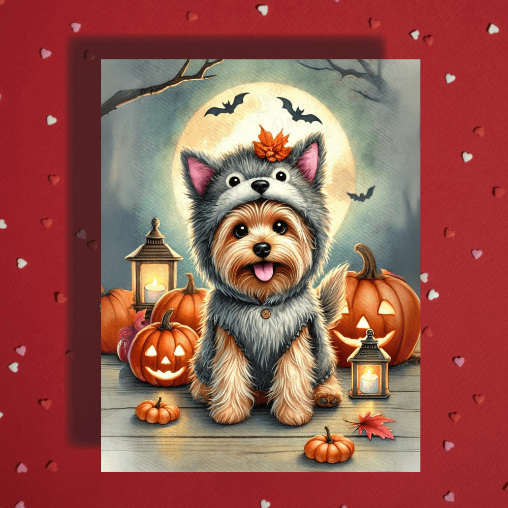 Halloween Fall Yorkie Dog Greeting Card