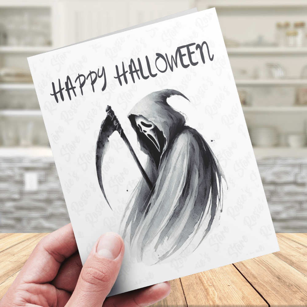 Halloween, Black and White Reaper Greeting Card: Happy Halloween