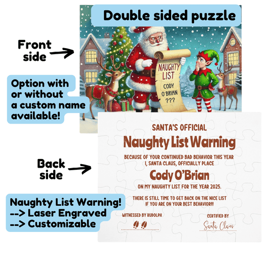 Christmas Gift, Double-sided Puzzle with Laser Engraved Naughty List Warning From Santa Claus