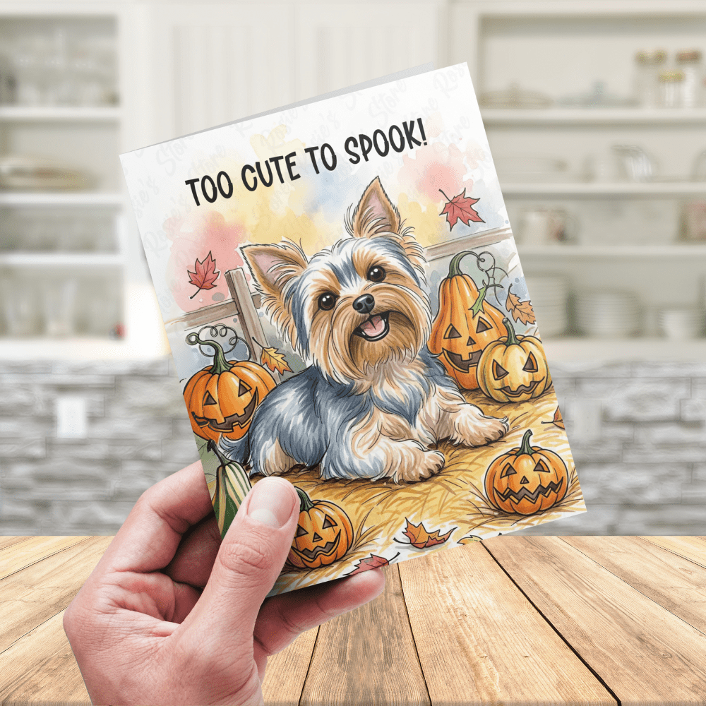 Halloween Fall Yorkie Dog Greeting Card: Too Cute To Spook!