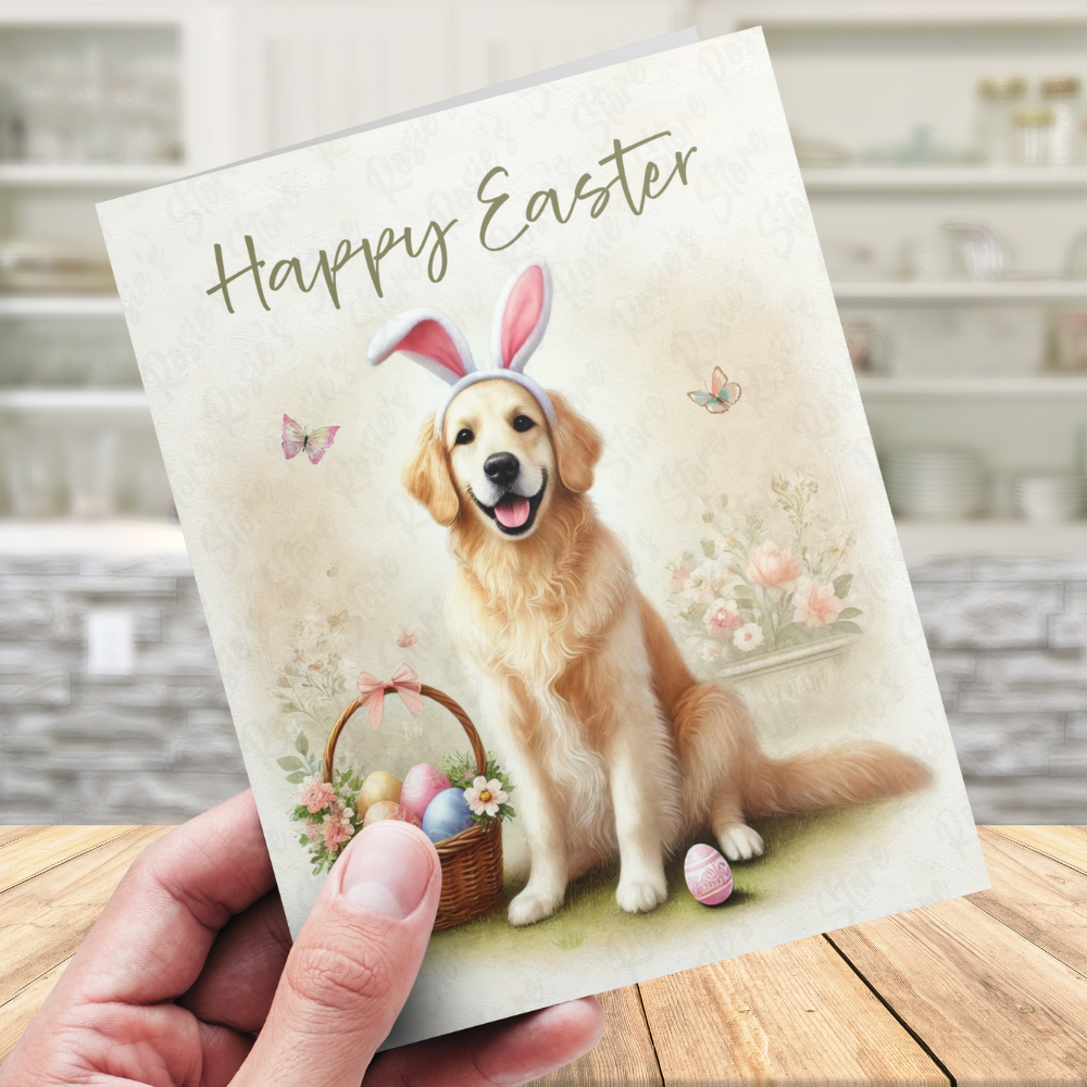 Easter Digital Greeting Card, Golden Retriever Dog: Happy Easter