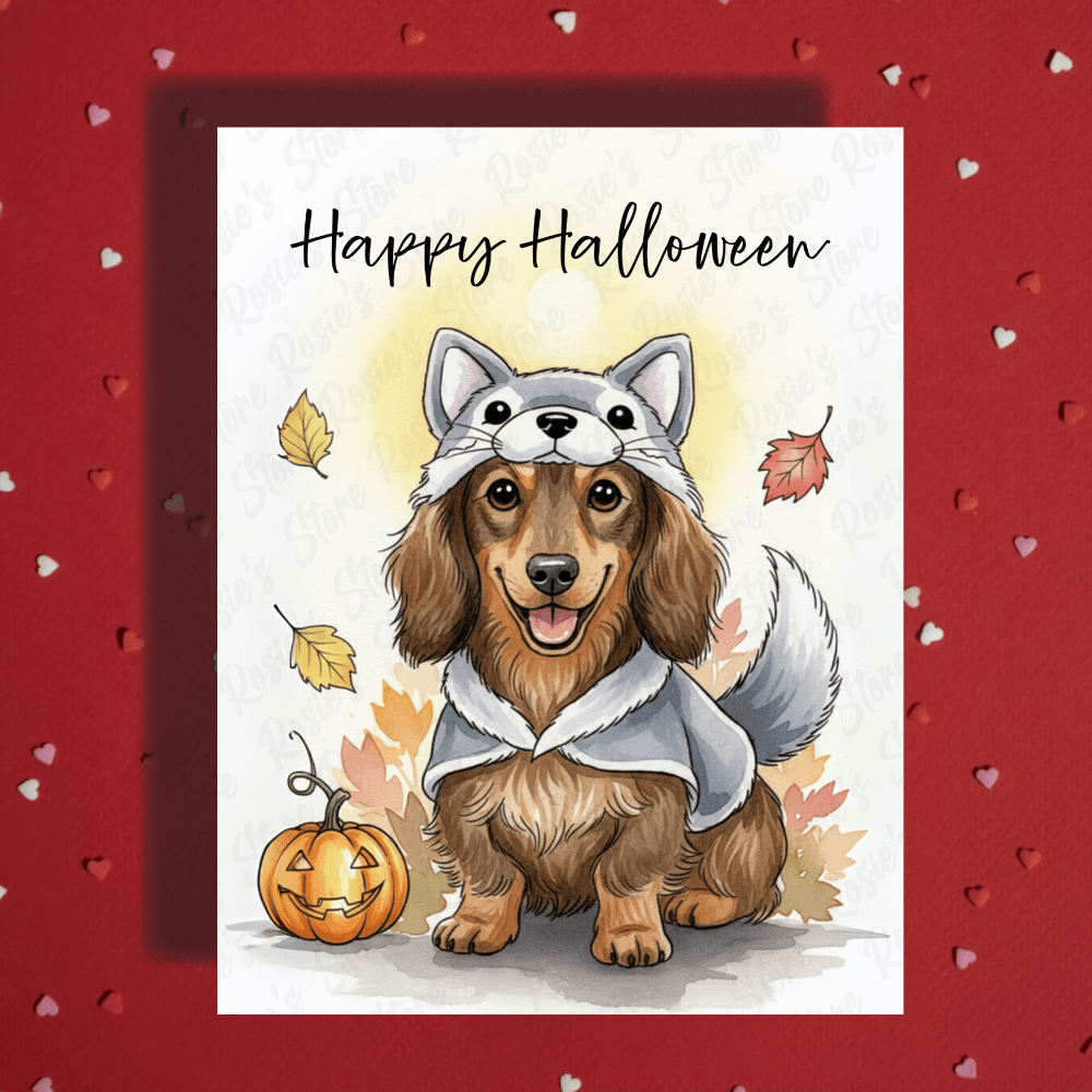 Halloween Fall Dachshund Wiener Dog Greeting Card: Happy Halloween