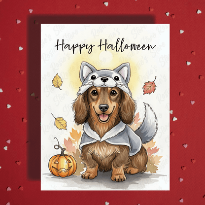 Halloween Fall Dachshund Wiener Dog Greeting Card: Happy Halloween