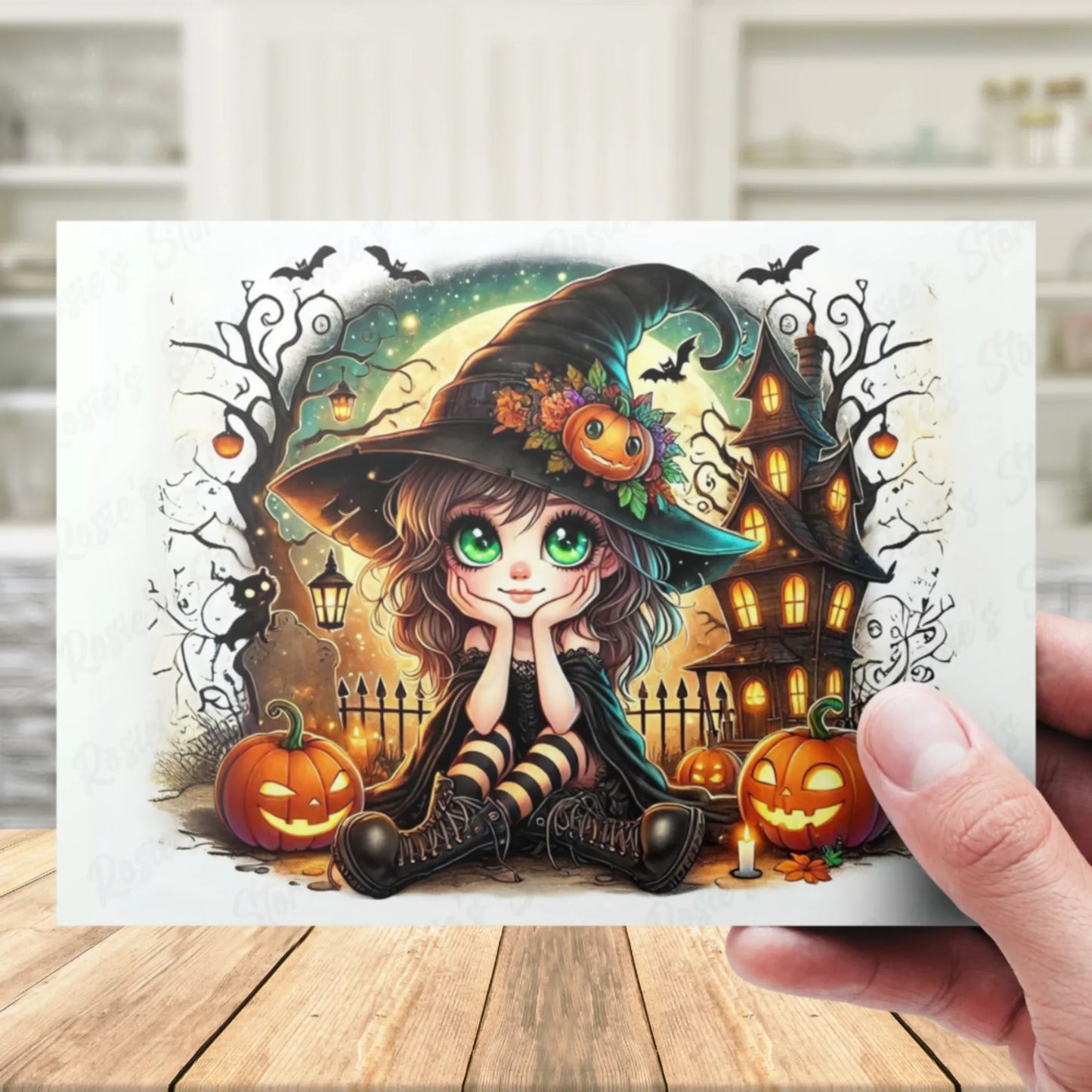Halloween Witch Printable Card, Watercolor Fall Pumpkin Haunted House Digital Download