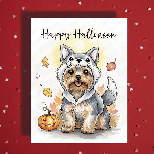 Halloween Fall Yorkie Dog Greeting Card: Happy Halloween