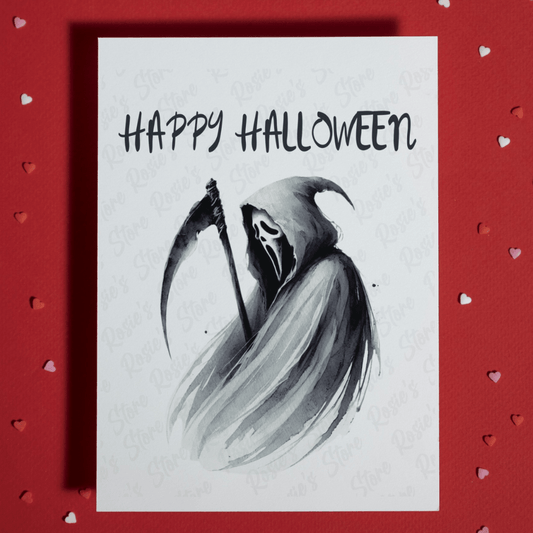 Halloween, Black and White Reaper Greeting Card: Happy Halloween