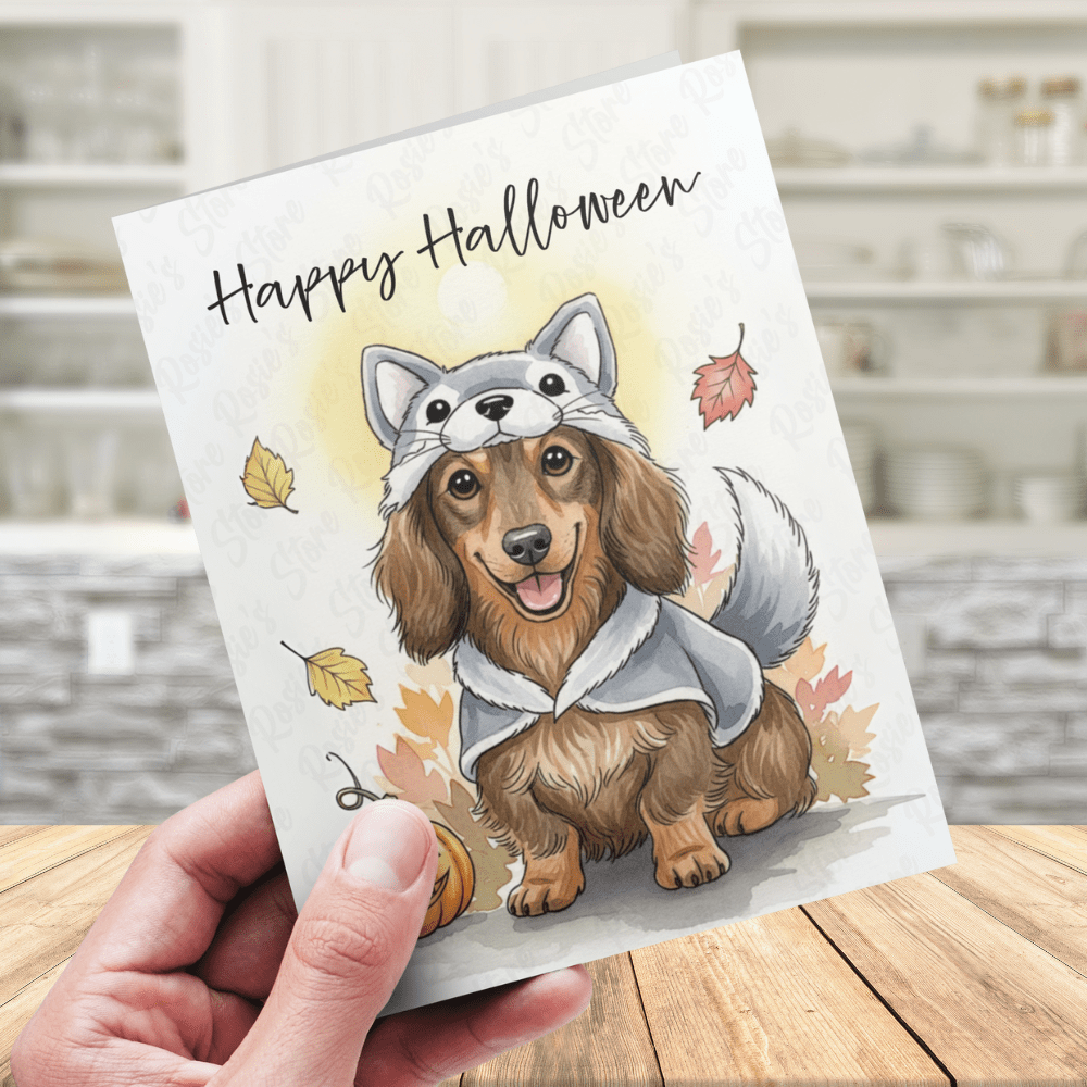 Halloween Fall Dachshund Wiener Dog Greeting Card: Happy Halloween