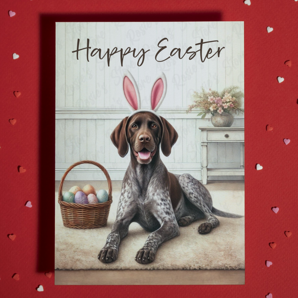 Easter Greeting Card, German shorthaired pointer Dog: Happy Easter