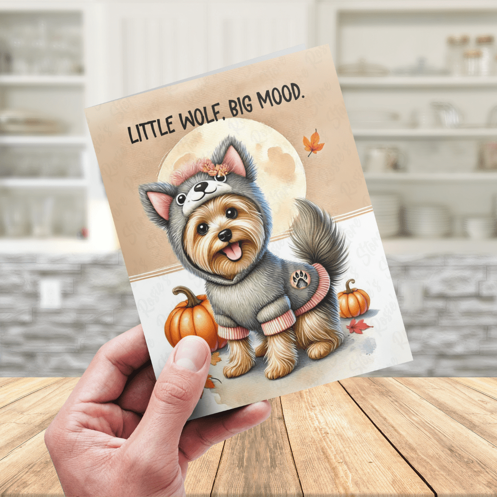 Halloween Fall Yorkie Dog Greeting Card: Little Wolf, Big Mood.
