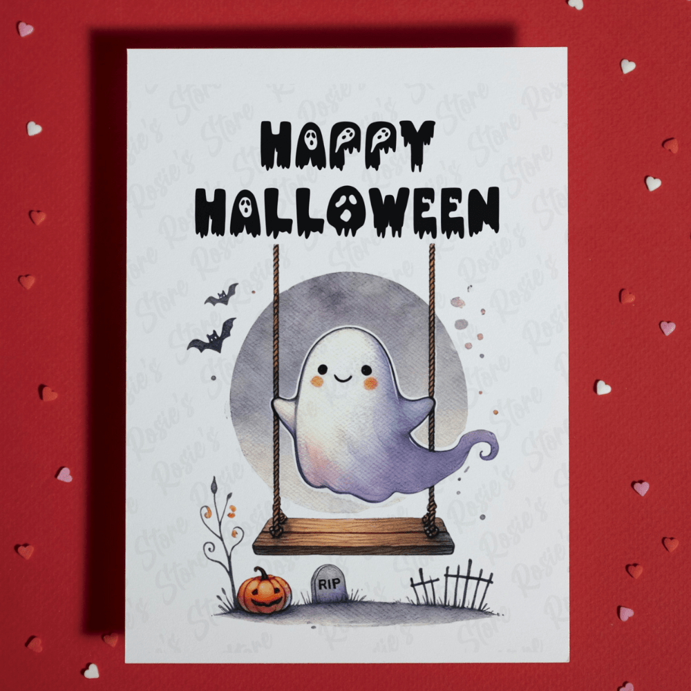 Halloween, Cute Ghost On a Swing Greeting Card: Happy Halloween