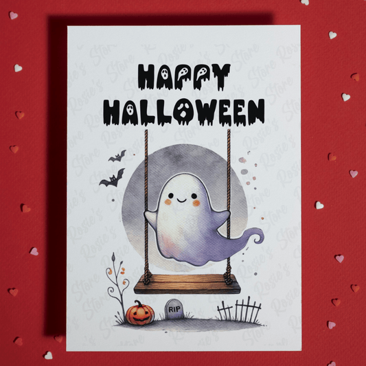 Halloween, Cute Ghost On a Swing Greeting Card: Happy Halloween